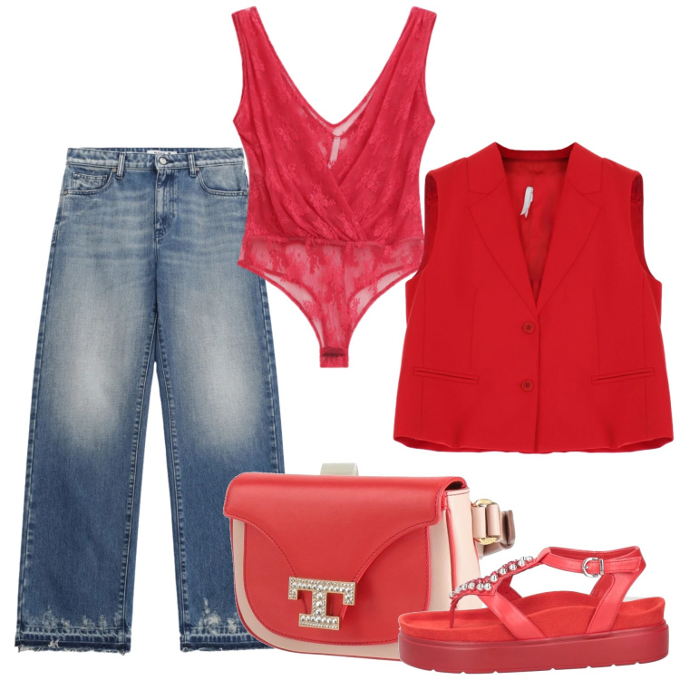 Outfit donna - Red touch. Stile Casual chic per Tutti i giorni. Abbinamento con marsupi, ciabatte, top, gilet, jeans.