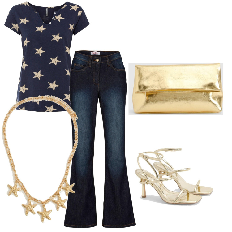 Outfit femme - Ciel étoilé. Style Casual chic pour Soirée dehors. Assortir avec jean bootcut, t-shirts, colliers, pochette, chaussures à talon.