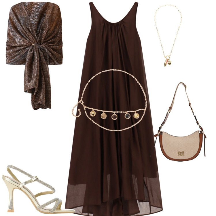 Outfit donna - Chic serata evento. Stile Chic per Serata fuori. Abbinamento con cinture, vestiti lunghi, sandali col tacco, ciondoli, stole, borse a tracolla.