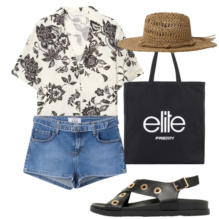 Outfit donna - Giugno. Stile Casual chic per Tutti i giorni. Abbinamento con sandali, shorts, camicie a manica corta, cappelli, shopping bag.