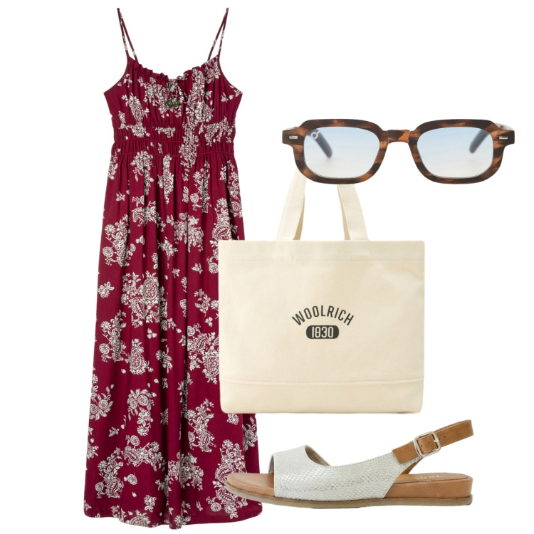 Outfit donna - Giugno. Stile Romantica per Tutti i giorni. Abbinamento con sandali, vestiti lunghi, occhiali da sole, borse tote.