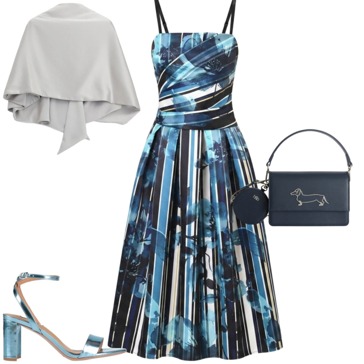 Outfit donna - Serata evento speciale cerimonia. Stile Chic per Serata fuori. Abbinamento con sandali in pelle, borse a tracolla, scialli, vestiti midi/longuette.