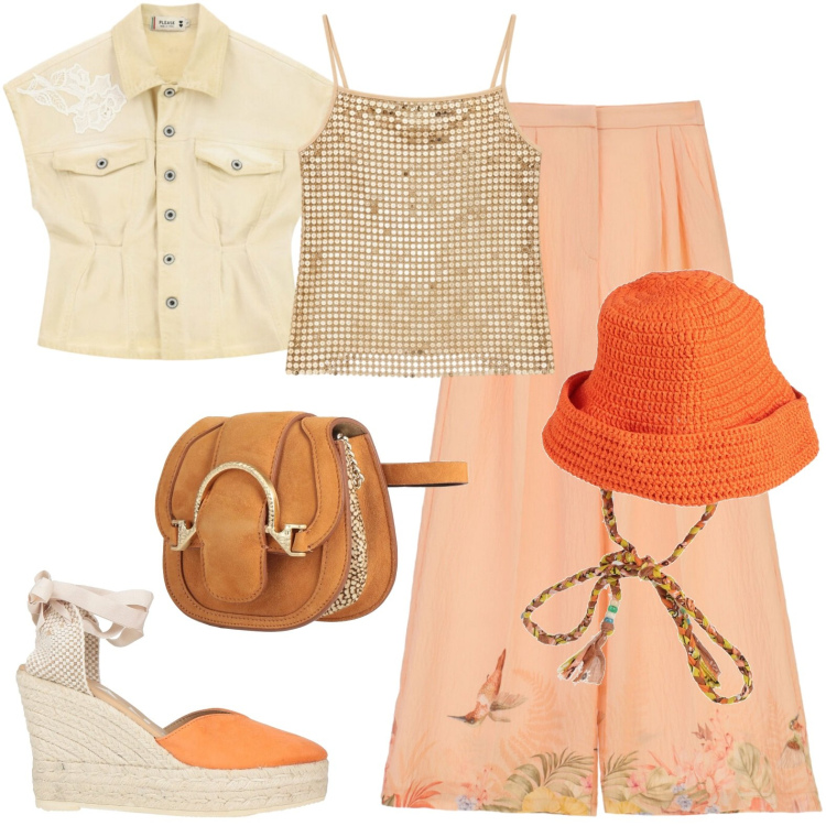 Outfit donna - City. Stile Casual per Tutti i giorni. Abbinamento con marsupi, espadrillas, cappelli, pantaloni a palazzo, blazer, canottiere.