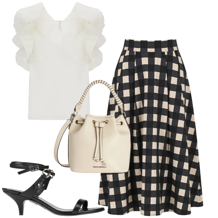 Outfit donna - City. Stile Urban per Tutti i giorni. Abbinamento con sandali in pelle, borse a secchiello, top, gonne longuette.