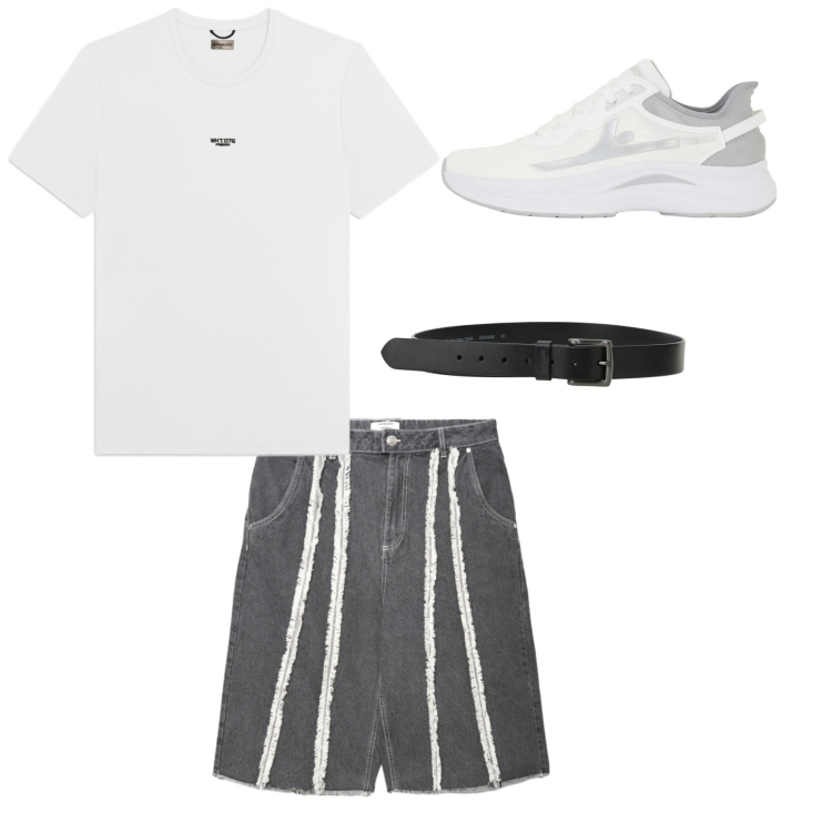 Outfit uomo - Bianco, grigio e stile. Stile Urban per Mare. Abbinamento con bermuda, sneakers, t-shirt, cinture.