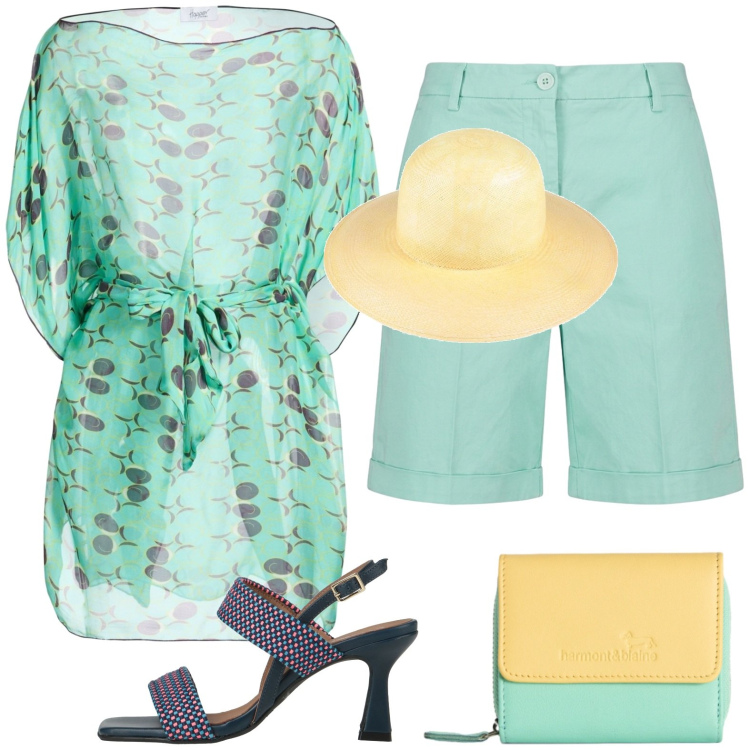 Outfit donna - Total look #2424605. Stile Casual per Tutti i giorni. Abbinamento con top, cappelli, sandali in pelle, portafogli, bermuda.