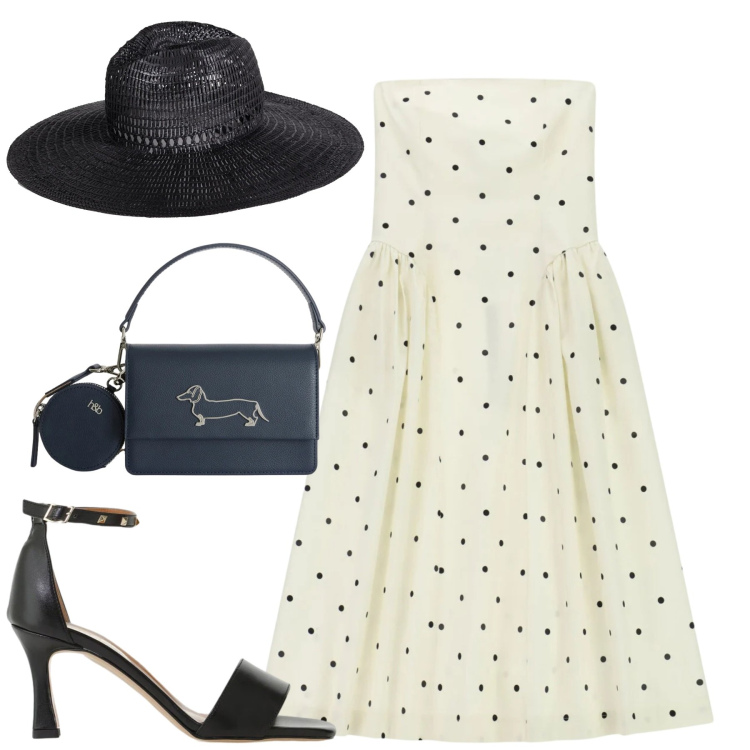 Outfit donna - A pois. Stile Romantica per Tutti i giorni. Abbinamento con cappelli, borse a tracolla, sandali col tacco, vestiti midi/longuette.