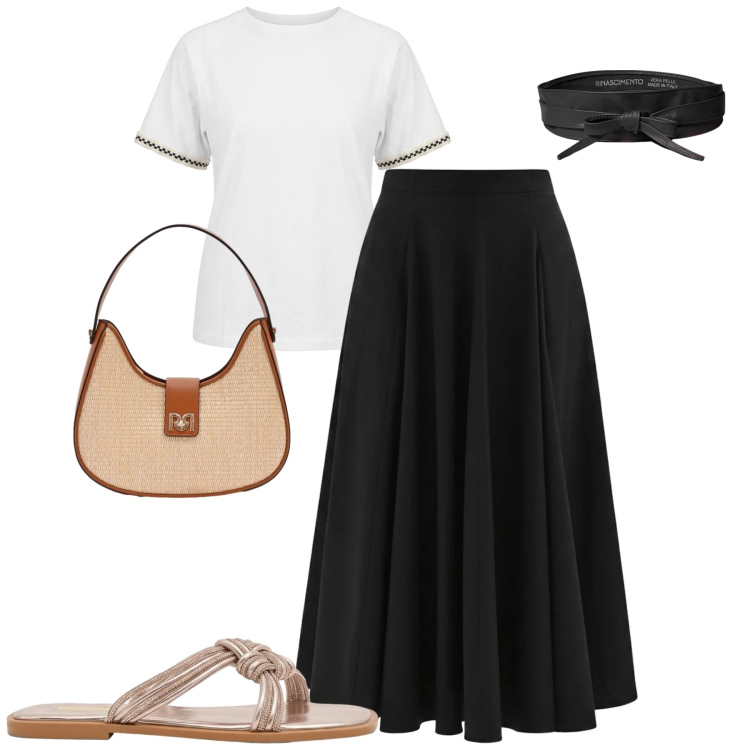 Outfit donna - City. Stile Casual chic per Tutti i giorni. Abbinamento con cinture, borse a spalla, sandali, gonne longuette, t-shirt.