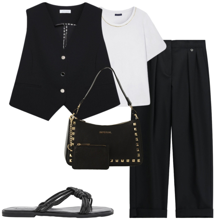Outfit donna - Fiorella Rubino. Stile Casual chic per Tutti i giorni. Abbinamento con borse a spalla, pantaloni, sandali, t-shirt, gilet.