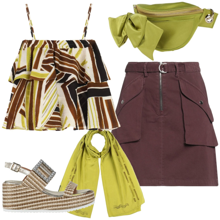 Outfit donna - Total look #2424612. Stile Casual per Tutti i giorni. Abbinamento con marsupi, minigonne, sciarpe, sandali in pelle, top.