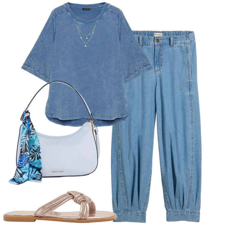 Outfit donna - City. Stile Casual chic per Tutti i giorni. Abbinamento con borse a mano, jeans, sandali, felpe.