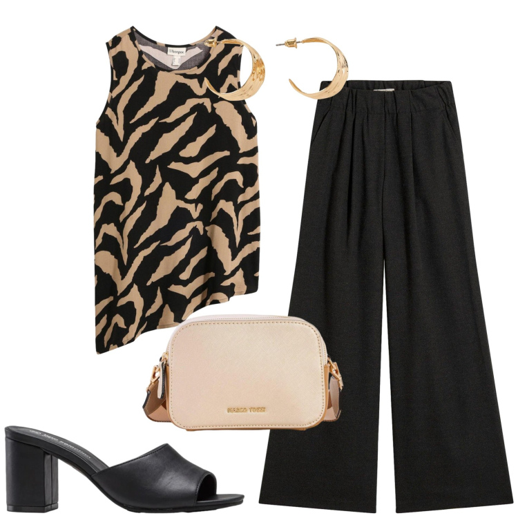 Outfit donna - Bonprix. Stile Urban per Tutti i giorni. Abbinamento con pantaloni, borse a tracolla, orecchini, top, sandali col tacco.
