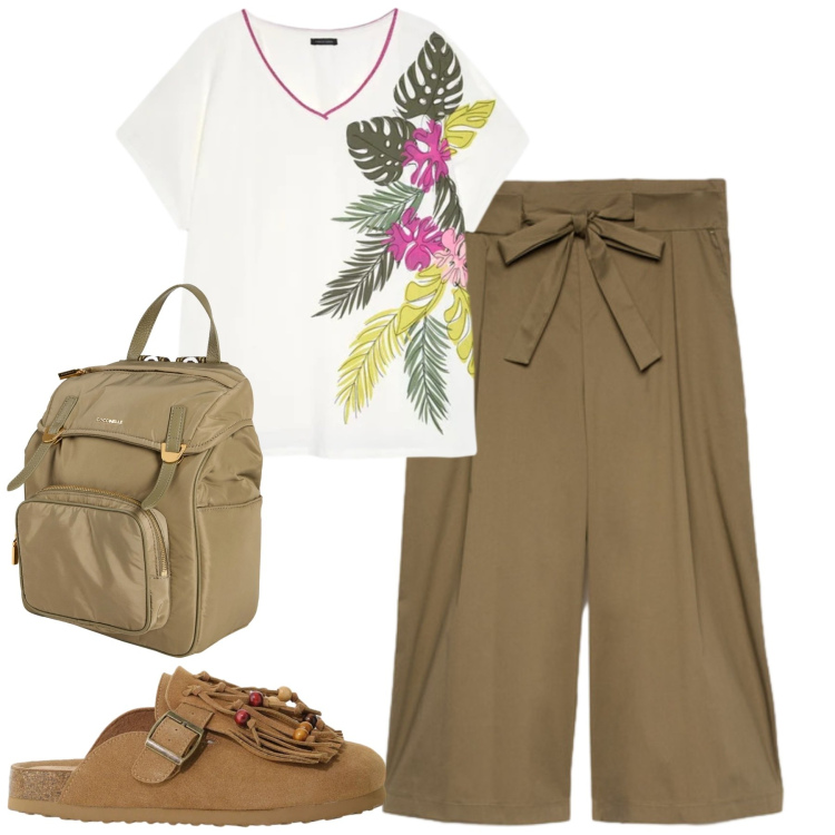 Outfit donna - Fiorella Rubino. Stile Casual chic per Tutti i giorni. Abbinamento con zaini, sabot, t-shirt, pantaloni.