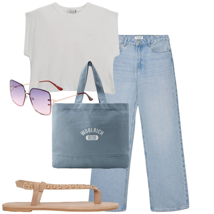 Outfit donna - Giugno. Stile Casual per Tutti i giorni. Abbinamento con occhiali da sole, jeans, ciabatte, top, borse tote.
