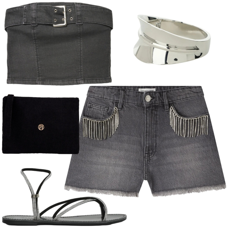 Outfit donna - Serata. Stile Casual per Serata fuori. Abbinamento con shorts, sandali, top, braccialetti, pochette.
