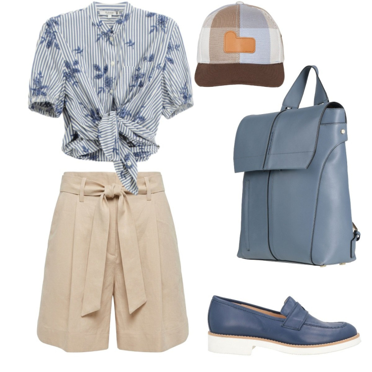 Outfit donna - Total look #2424621. Stile Mannish per Tutti i giorni. Abbinamento con mocassini, zaini, bermuda, camicie a manica corta, cappelli con visiera.