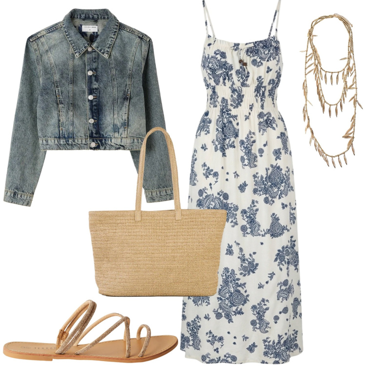 Outfit donna - Giugno. Stile Casual chic per Tutti i giorni. Abbinamento con shopping bag, vestiti lunghi, sandali, cappotti, collane.