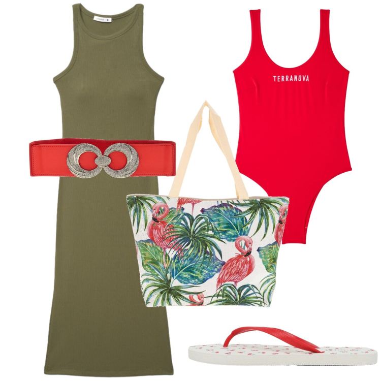 Outfit donna - Estate in my mind. Stile Trendy per Mare. Abbinamento con costumi interi, infradito, vestiti midi/longuette, borse tote, cinture.