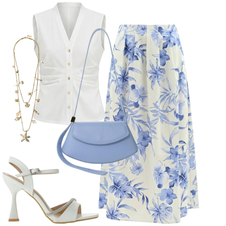 Outfit donna - City. Stile Urban per Tutti i giorni. Abbinamento con sandali gioiello, borse a spalla, collane, gonne lunghe, camicie a manica corta.