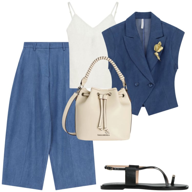 Outfit donna - Giugno. Stile Casual chic per Tutti i giorni. Abbinamento con ciabatte, borse a secchiello, gilet, jeans, top.