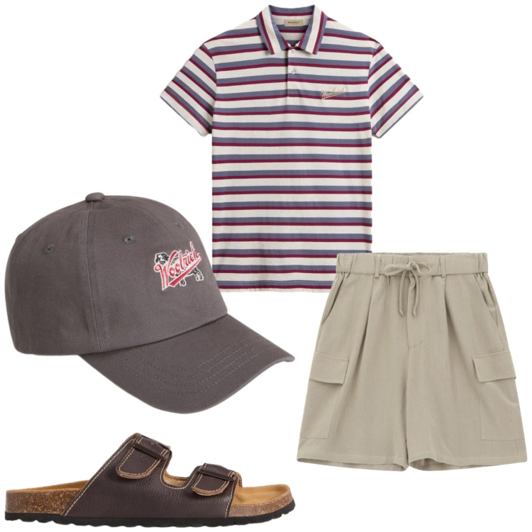 Outfit uomo - Total look #2424630. Stile Casual per Mare. Abbinamento con polo, sandali, cappelli con visiera, bermuda.
