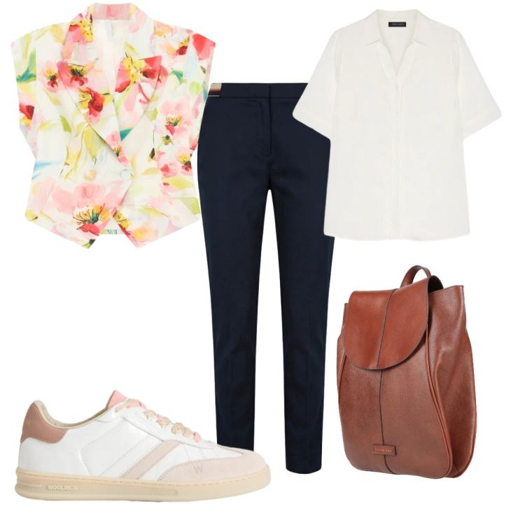 Outfit donna - Stampe tropicali: il gilet. Stile Trendy per Tutti i giorni. Abbinamento con zaini, pantaloni chino, top, sneakers, camicie a manica corta.