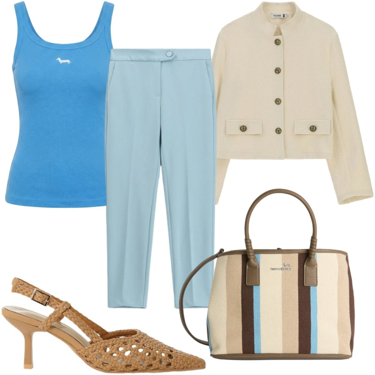 Outfit donna - Aperitivo d’estate: con le amiche. Stile Casual chic per Serata fuori. Abbinamento con canottiere, shopping bag, cappotti, pantaloni, décolleté.