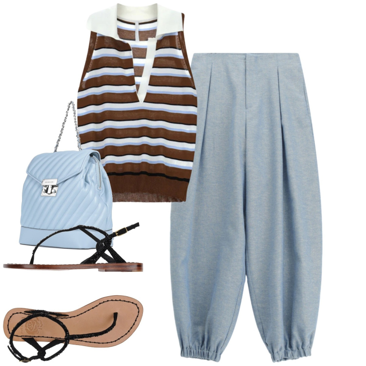 Outfit donna - City. Stile Casual chic per Tutti i giorni. Abbinamento con zaini, infradito, pantaloni, top.