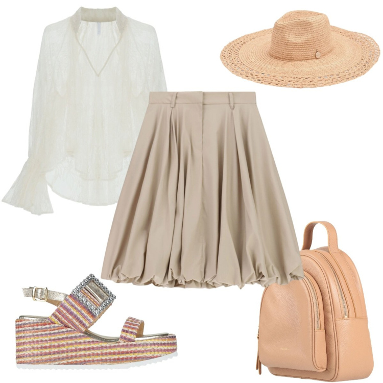 Outfit donna - Aperitivo d’estate: in beige. Stile Boho per Serata fuori. Abbinamento con sandali in pelle, zaini, cappelli, gonne longuette, bluse.