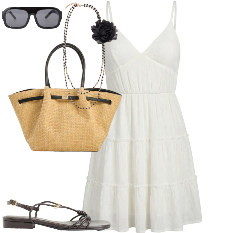 Outfit donna - Al mare. Stile Casual chic per Mare. Abbinamento con sandali, shopping bag, vestiti corti, occhiali da sole, collane.