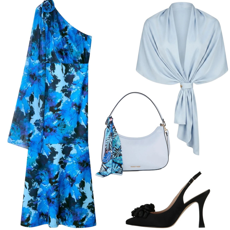 Outfit donna - Total look #2424642. Stile Romantica per Cerimonia. Abbinamento con décolleté, borse a mano, vestiti asimmetrici, stole.