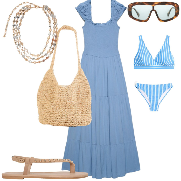 Outfit donna - Al mare. Stile Casual chic per Mare. Abbinamento con bikini, shopping bag, vestiti lunghi, ciabatte, occhiali da sole, collane.