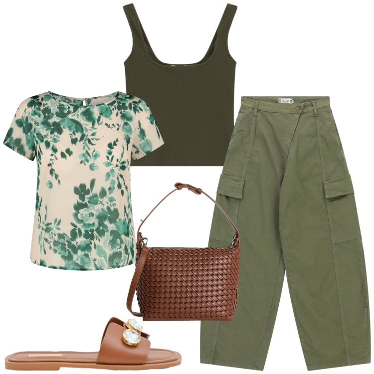 Outfit donna - Total look #2424648. Stile Casual per Tutti i giorni. Abbinamento con borse a spalla, pantaloni cargo, top, bluse, sandali gioiello.