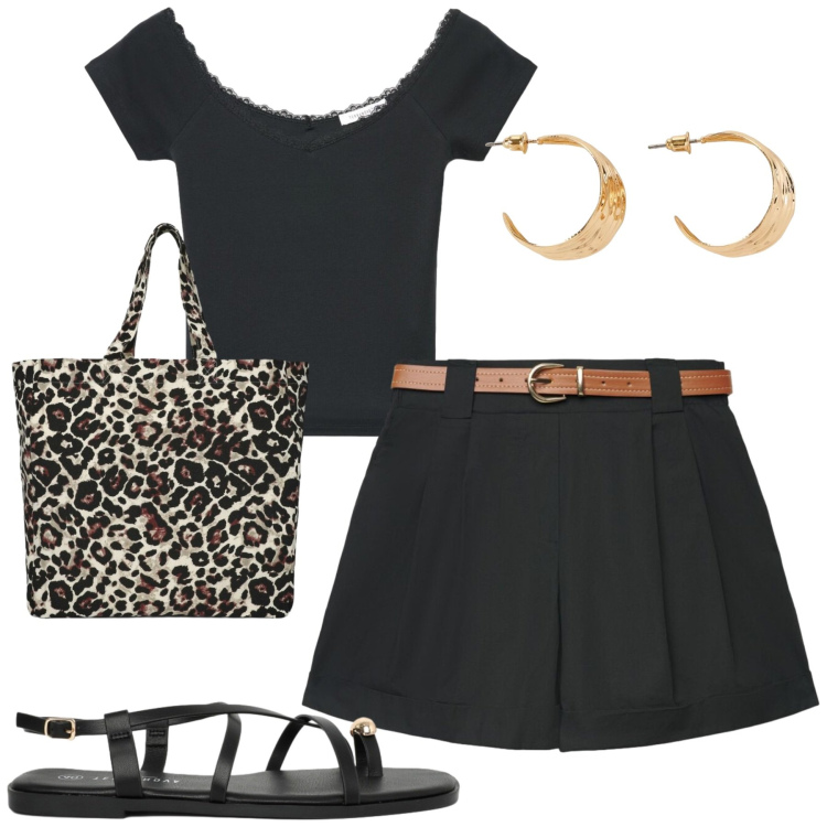 Outfit donna - City. Stile Casual chic per Tutti i giorni. Abbinamento con orecchini, t-shirt, shorts, shopping bag, sandali.
