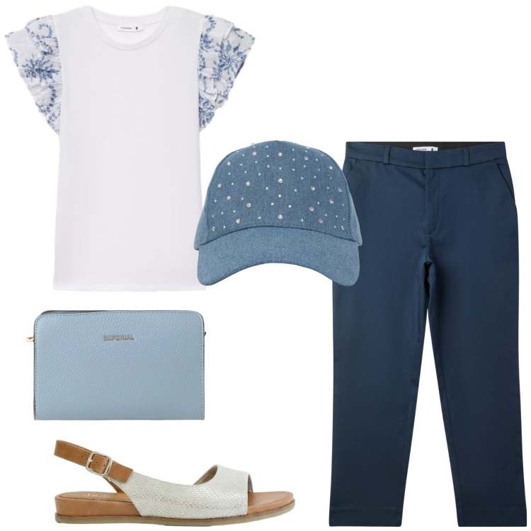 Outfit donna - Total look #2424650. Stile Casual per Tutti i giorni. Abbinamento con sandali, cappelli, pantaloni, t-shirt, borse a tracolla.