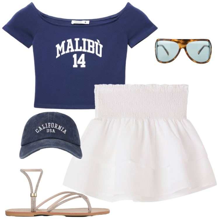 Outfit donna - Chiringuito. Stile Casual per Mare. Abbinamento con minigonne, cappelli con visiera, sandali, t-shirt, occhiali da sole.