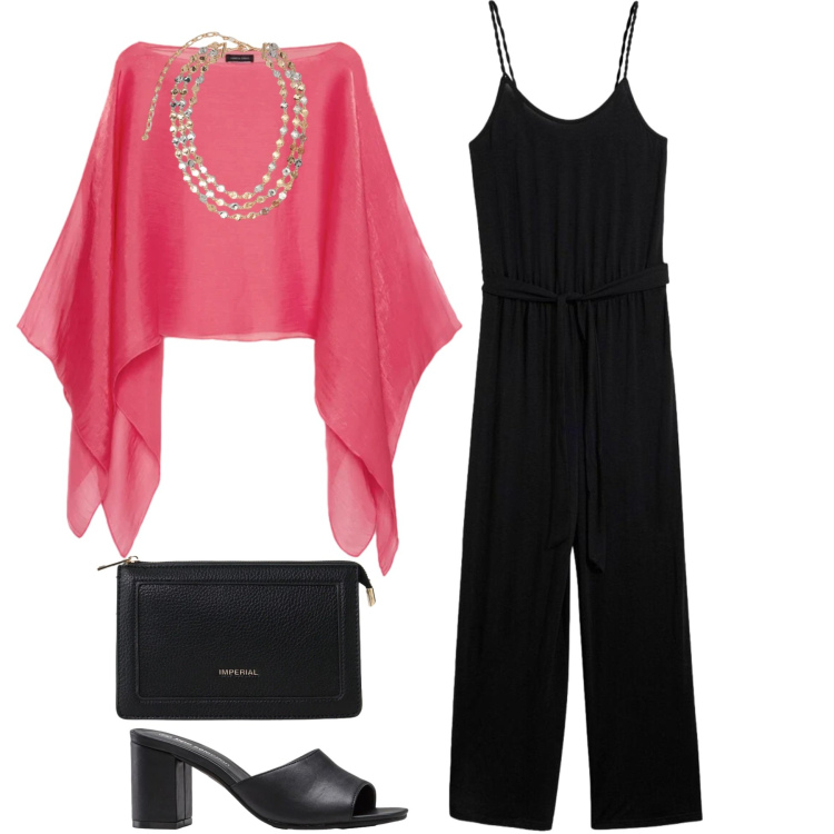 Outfit donna - Serata estiva. Stile Romantica per Serata fuori. Abbinamento con sandali col tacco, tute, borse a tracolla, blazer, collane.