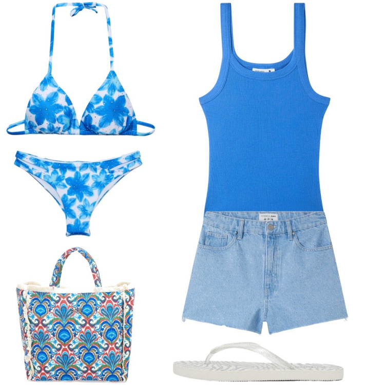 Outfit donna - la dolce vita. Stile Casual per Mare. Abbinamento con shorts, bikini, infradito, bikini, canottiere, shopping bag.