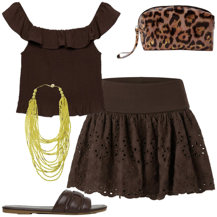 Outfit donna - Mare. Stile Casual chic per Mare. Abbinamento con pochette, ciabatte, minigonne, top, collane.