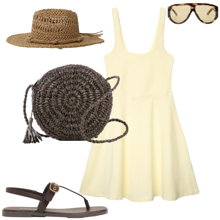 Outfit donna - Al lago. Stile Casual chic per Tutti i giorni. Abbinamento con sandali, borse a tracolla, vestiti corti, occhiali da sole, cappelli.