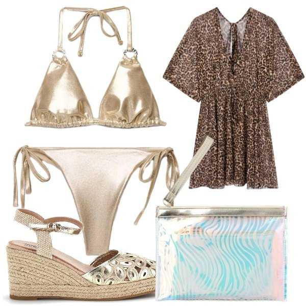 Outfit donna - Un\'estate al mare. Stile Glamour per Mare. Abbinamento con vestiti da spiaggia, pochette, bikini, bikini, zeppe.