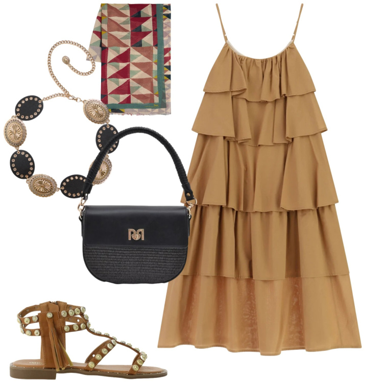 Outfit donna - Giugno. Stile Casual chic per Tutti i giorni. Abbinamento con cinture, sciarpe, sandali, vestiti lunghi, borse a spalla.