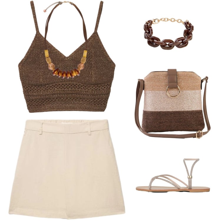 Outfit donna - Cioccolato, caffè e nocciola. Stile Minimal per Tutti i giorni. Abbinamento con braccialetti, borse a tracolla, top, sandali, shorts, collane.