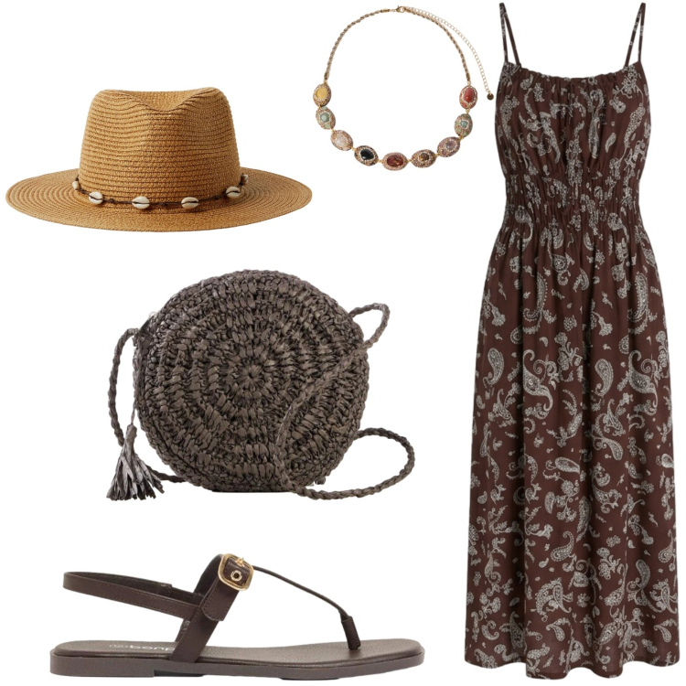 Outfit donna - Total look #2424670. Stile Etnico per Tutti i giorni. Abbinamento con borse a tracolla, sandali, cappelli, vestiti lunghi, collane.