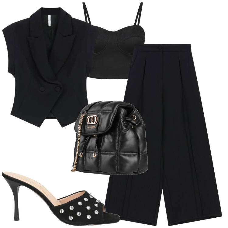 Outfit donna - Giugno. Stile Minimal per Tutti i giorni. Abbinamento con sandali in pelle, valigie, gilet, pantaloni a palazzo, top.