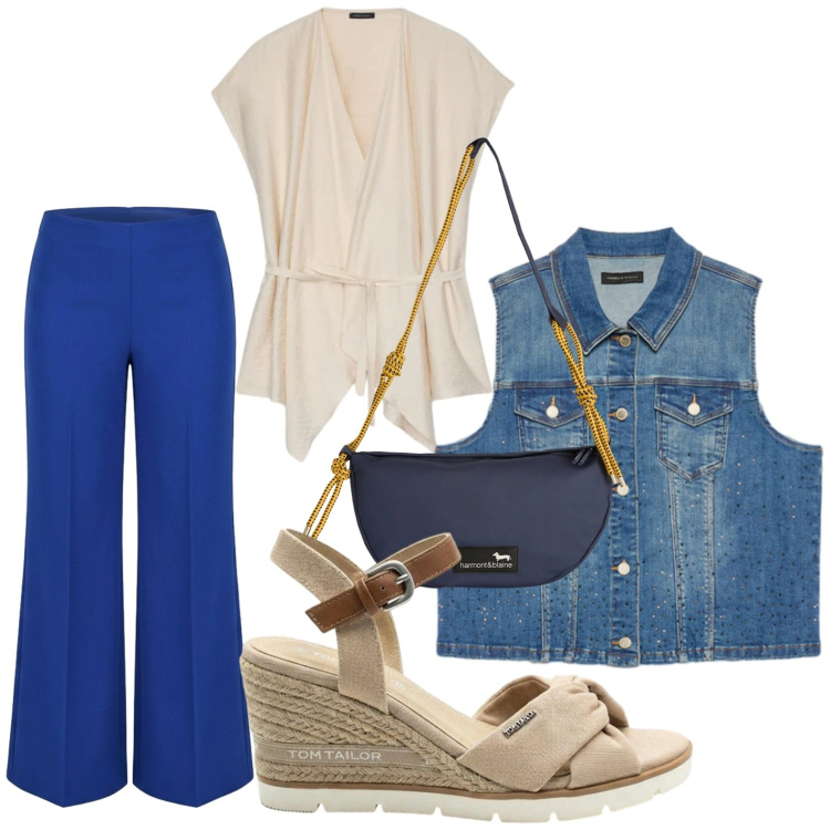 Outfit donna - Estate in stile naturale. Stile Casual per Tutti i giorni. Abbinamento con sandali col tacco, borse a tracolla, pantaloni a palazzo, gilet, caftani.