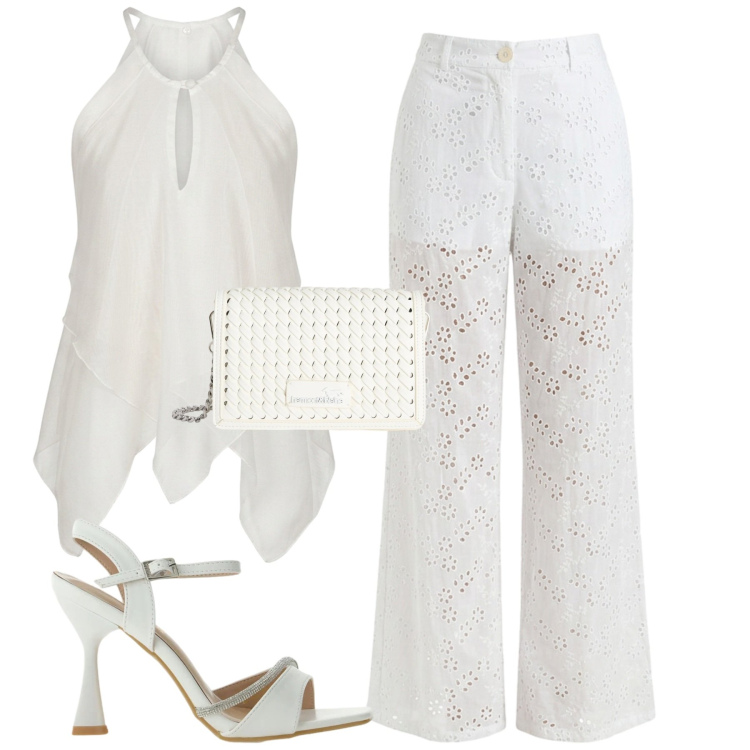 Outfit donna - Cena in bianco. Stile Chic per Serata fuori. Abbinamento con borse a tracolla, sandali gioiello, canottiere, pantaloni.