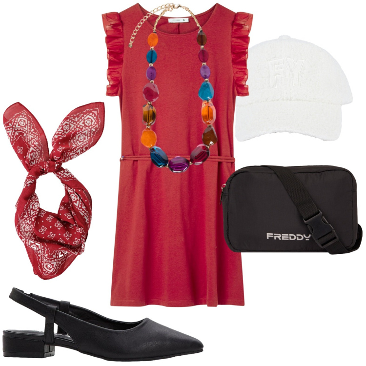 Outfit donna - Eleganza curvy per le sere di giugno. Stile Chic per Serata fuori. Abbinamento con décolleté, vestiti corti, foulard, cappelli con visiera, borse a tracolla, collane.