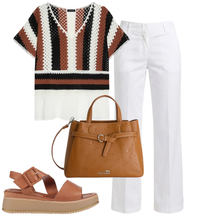 Outfit donna - City. Stile Casual chic per Tutti i giorni. Abbinamento con sandali in pelle, borse a mano, pantaloni, t-shirt.