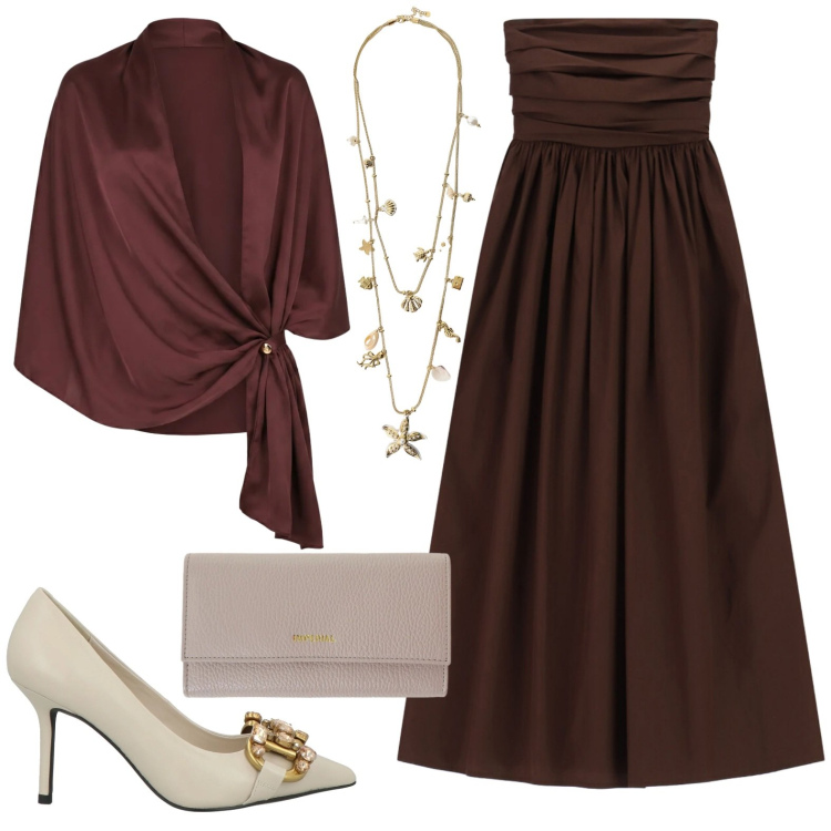 Outfit donna - Estate in stile naturale. Stile Casual per Tutti i giorni. Abbinamento con décolleté, portafogli, collane, vestiti midi/longuette, stole.